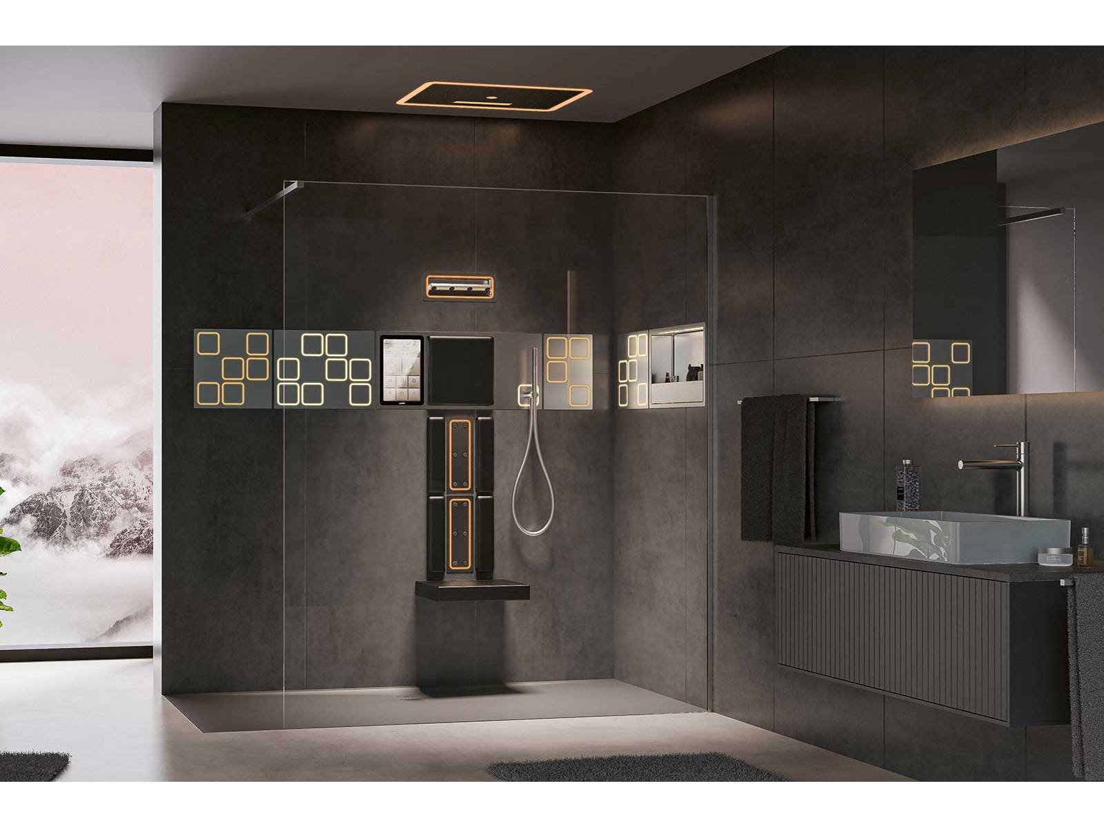 Mit «MySpa» hebt Laufen das Duscherlebnis auf ein neues Niveau. Wasser, Licht und intuitive Steuerung verschmelzen zu einem individuellen Ritual, das den Alltag vergessen lässt. Das modulare System kombiniert ein Wandpaneel mit eleganten Lichtfliesen, einem intuitiven Touch-Display, einer beleuchteten Ablagebox und verschiedenen Duschkomponenten zu einer raffinierten Einheit. Das Herzstück ist das Display mit seiner smartphone-ähnlichen Benutzeroberfläche. LAUFEN.