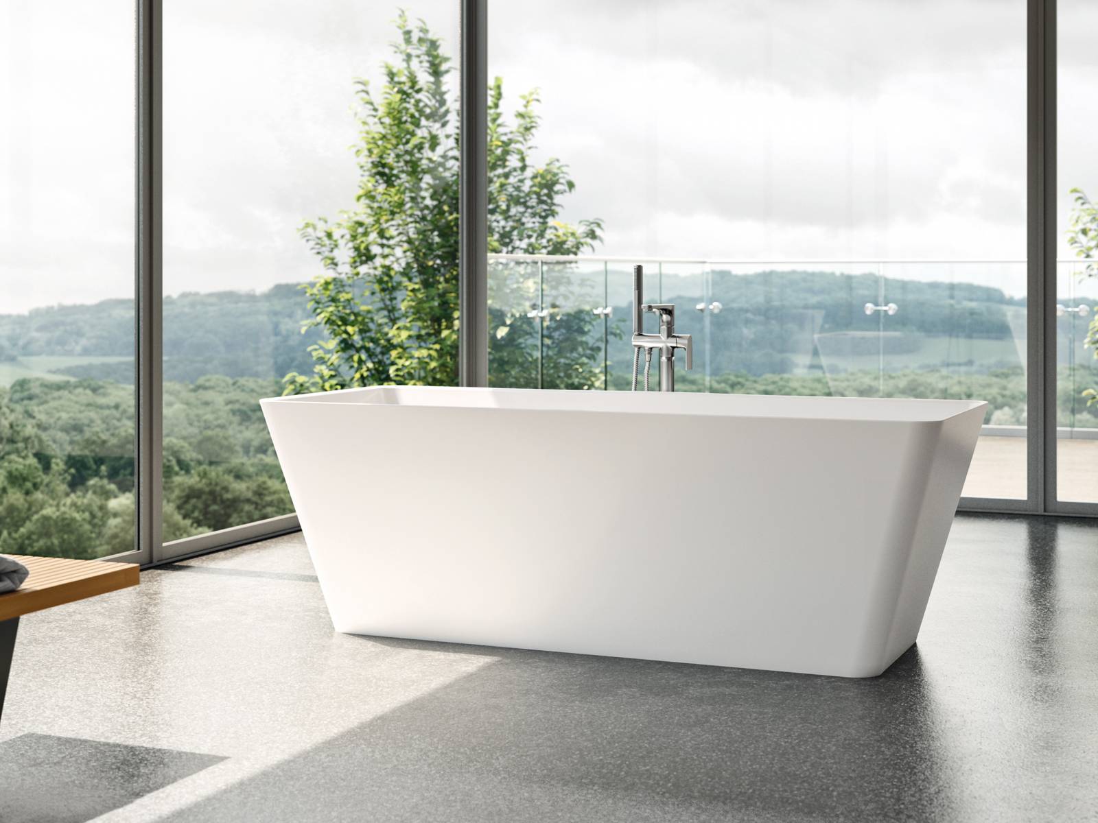 Die freistehende Badewanne «Formia» wird aus dem innovativen Material Bestone hergestellt und erfüllt mit ihrer rechteckigen Form alle Ansprüche an geradliniges Design und Komfort. Duscholux.
