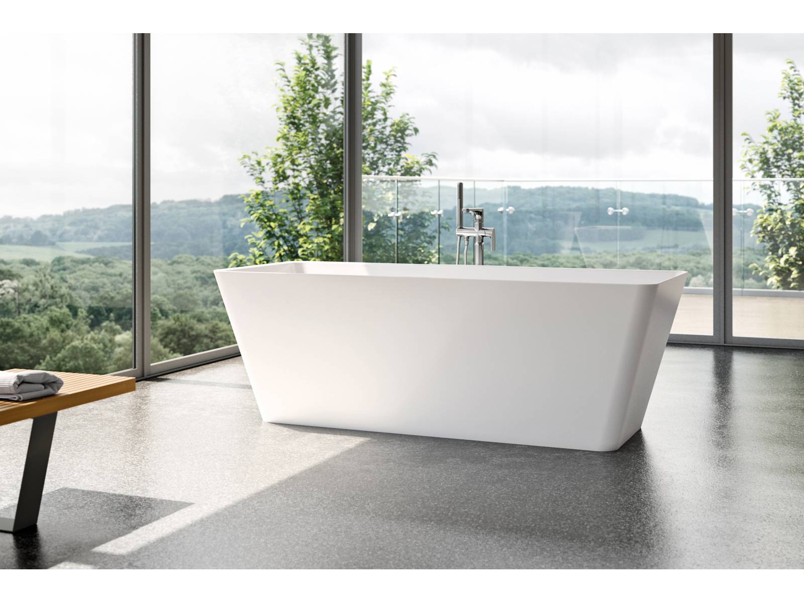 Die rechteckige Badewanne «Formia» überzeugt mit dem neuen Material «Duscholux Bestone» und kann frei oder an der Wand montiert werden. Die matte Optik mit dem Ablauf in der Mitte und einer flächenbündigen Abdeckplatte macht «Formia» zu einer modernen Badewanne.