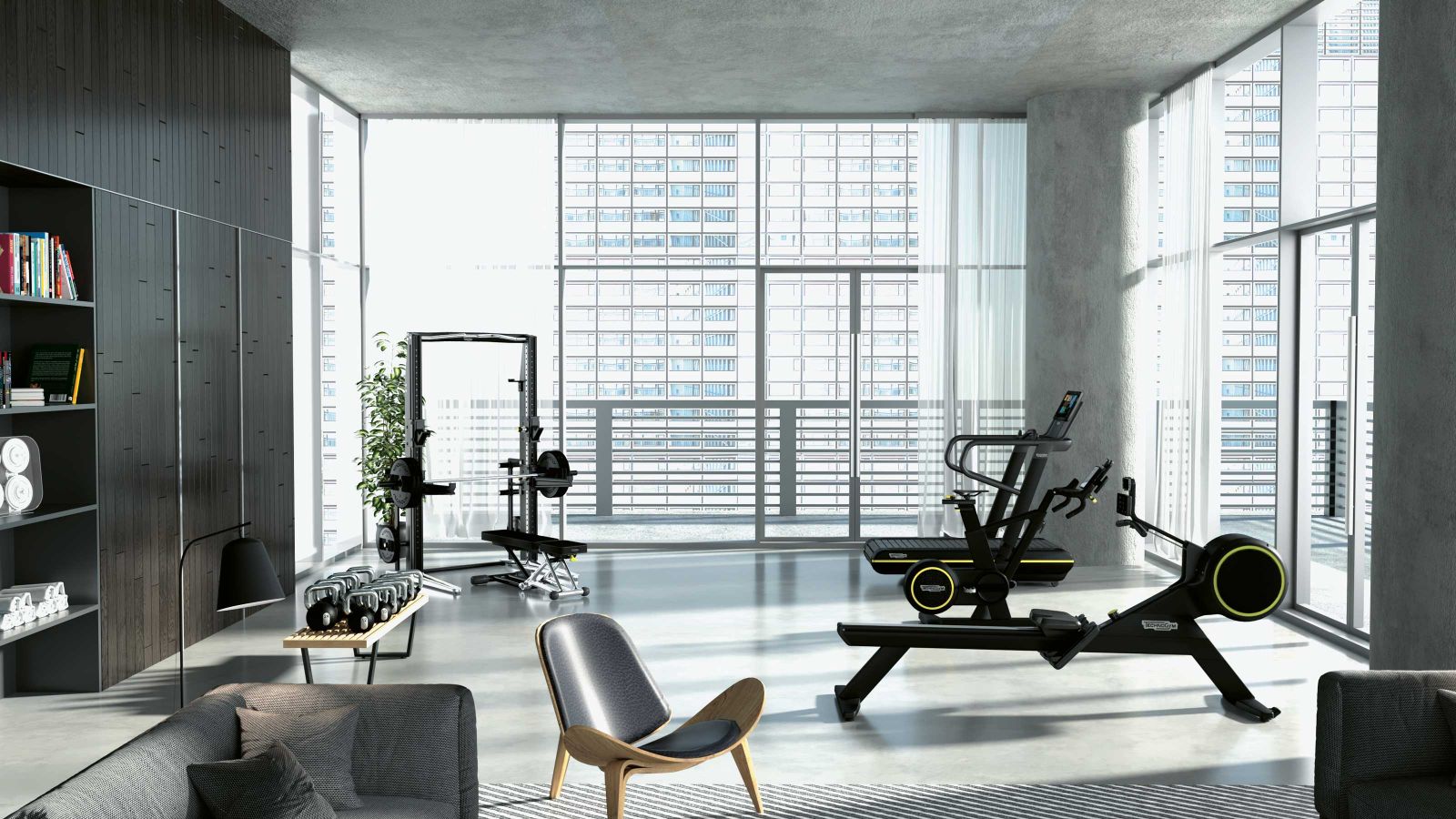 Zur Grundausstattung eines Home Gyms gehören sowohl Kraft- als auch Ausdauergeräte. Der «Skillrow», vorne rechts im Bild, bietet die Möglichkeit für Ausdauer- und Ganzkörper-Kraft-Training in einem.