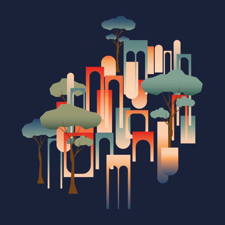 Das Plakat der Cersaie 2026 zeigt eine abstrakte architektonische Landschaft – eine ideale Stadt, die sich aus vertikalen Volumen, Arkaden und farbigen Flächen zusammensetzt, die mit natürlichen Elementen in Dialog treten. 