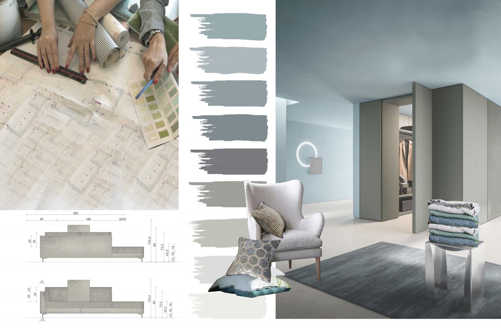 Moodboards visualisieren die Konzepte der Innenarchitektur: Tonalität, Material- und Stilwelten.