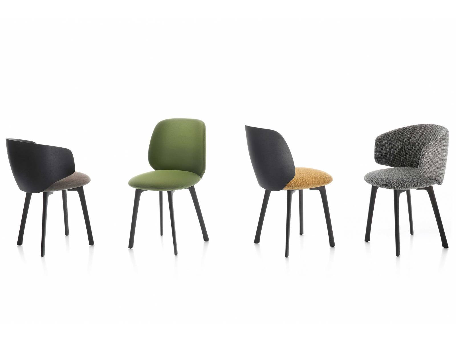 Die Stühle aus der neuen «Universal Collection» lassen sich vielfältig einsetzen – sowohl im Privat- als auch Objektbereich. Herzstück des Möbels ist der scheibenförmige Sitz, der so konzipiert ist, dass unterschiedliche Rückenlehnen und Untergestelle damit kombiniert werden können. Design: Jean-Marie Massaud. Foto: LCBstudio. MDF ITALIA.